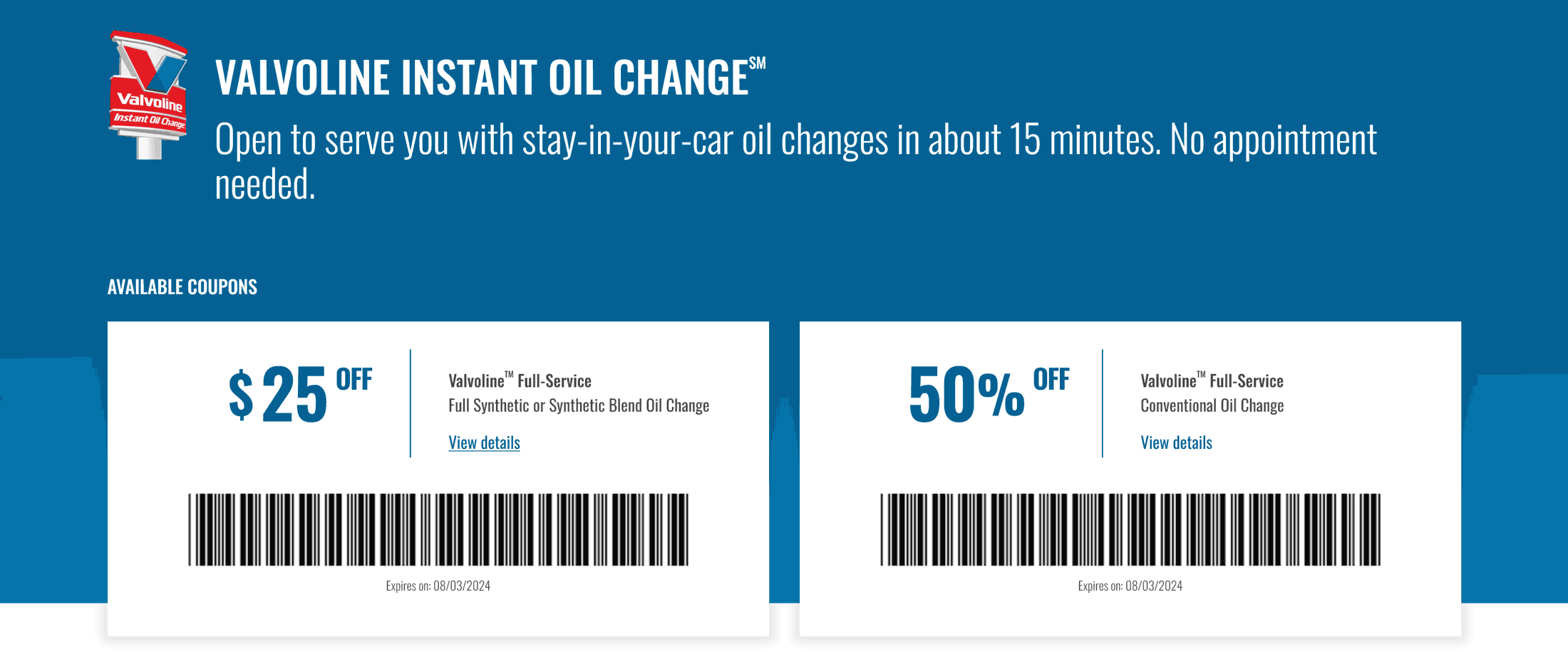 50 Off Full Service Conventional Or 25 Off Synthetic Oil Change At Valvoline Valvoline August 2025 Coupons Promo Codes Deals 