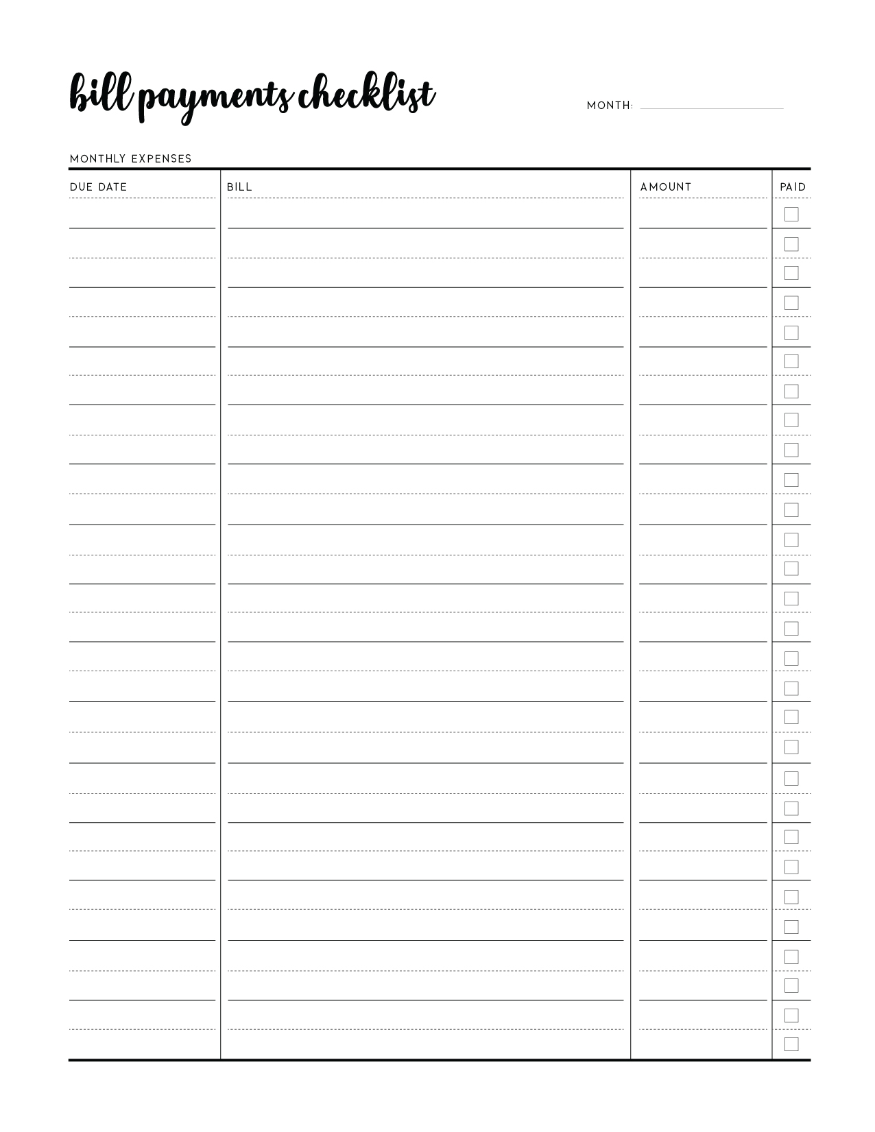 free printable bill tracker
